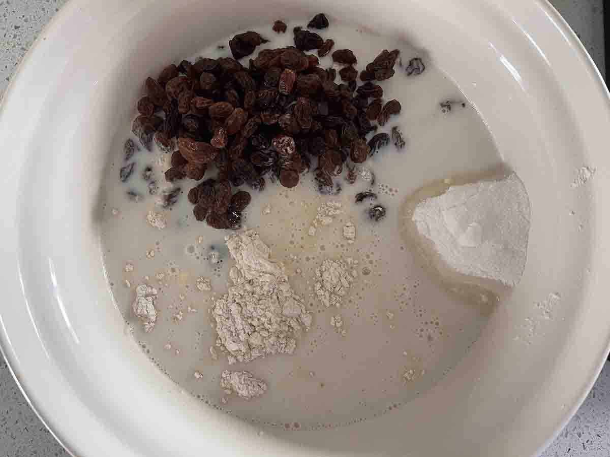milk, sultanas added.