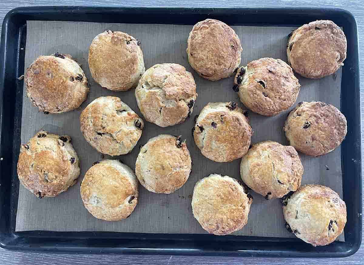 cooked scones on a tray.