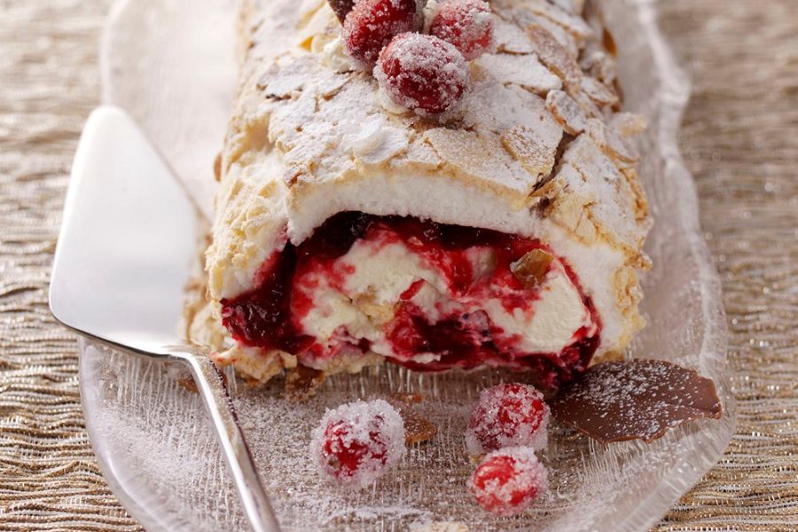BerryWorld Cranberry Meringue Roulade with Cointreau Orange Cream.