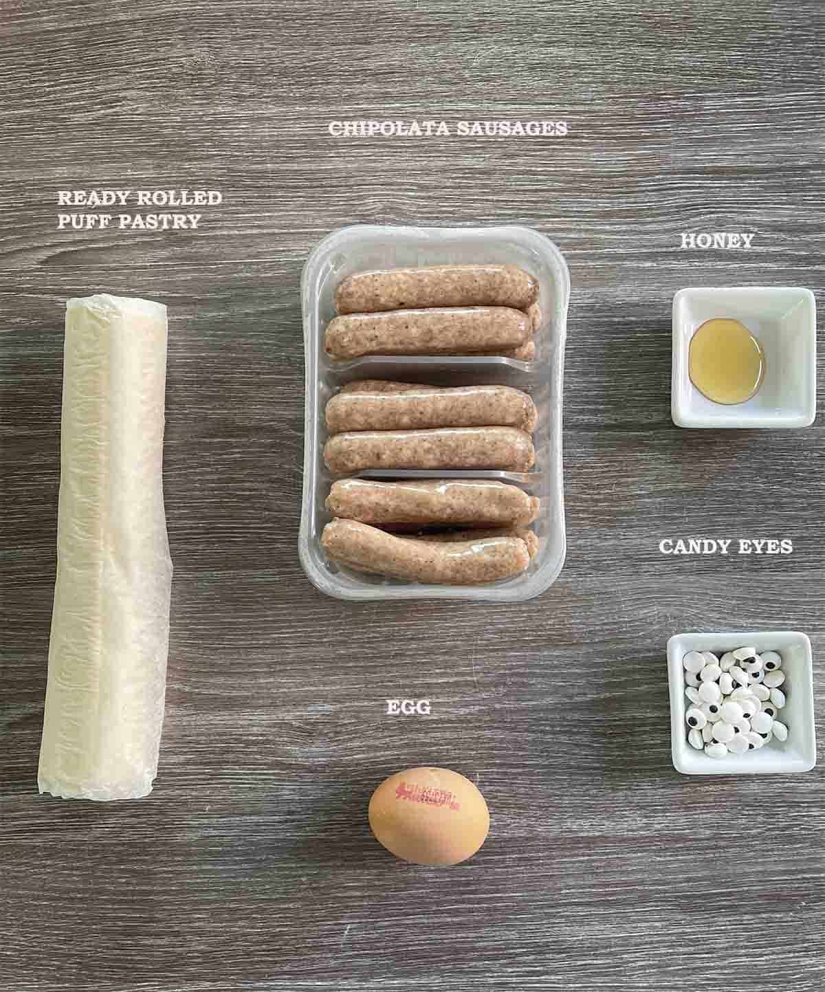 ingredeints including puff pastry and chipolatas.