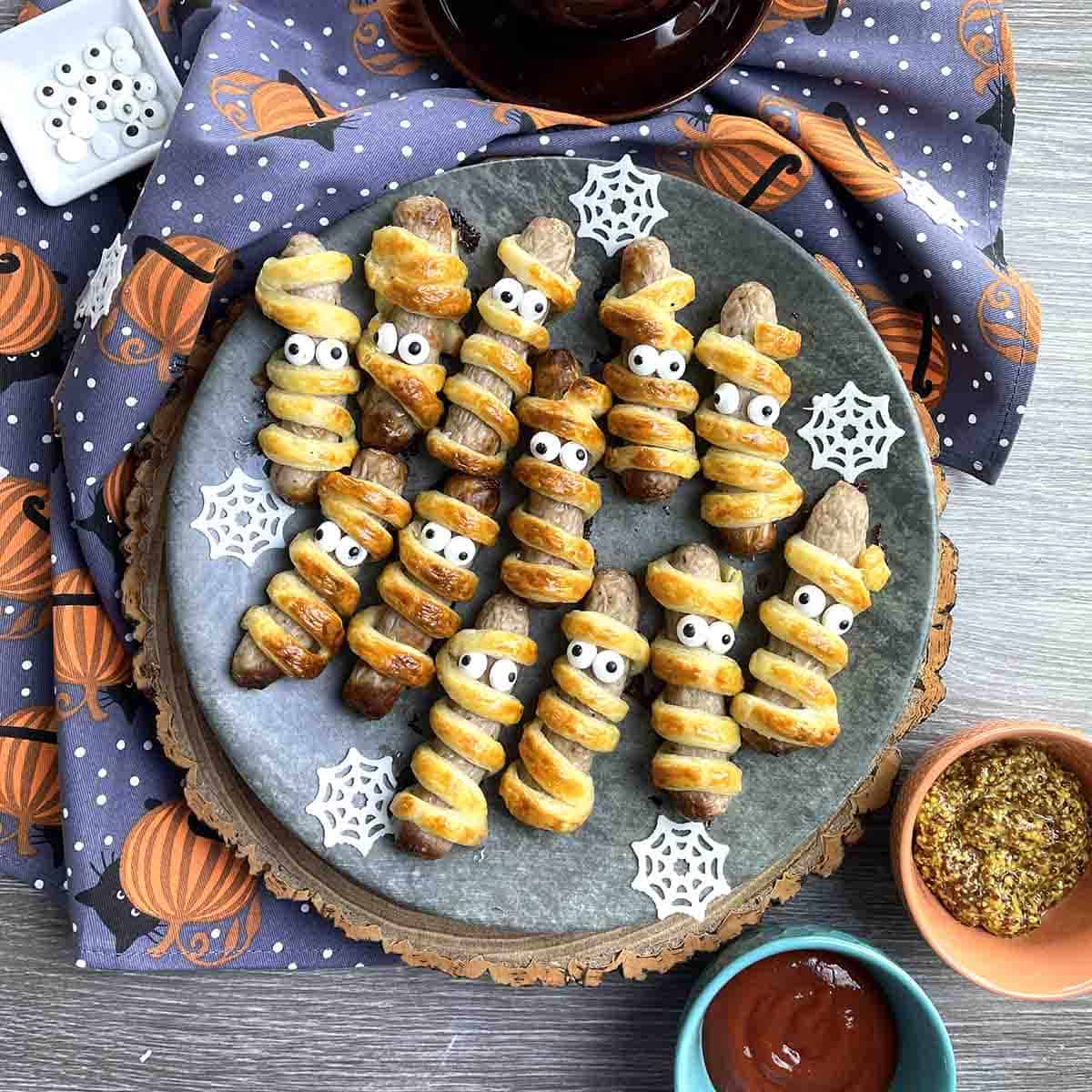 Halloween sausage rolls on a plate.