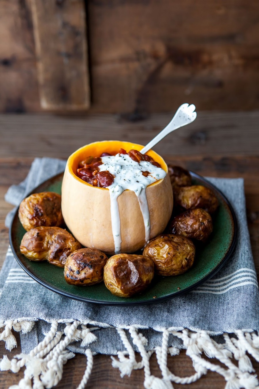 Pumpkin Chili Con Carne with Mini Jacket Potatoes