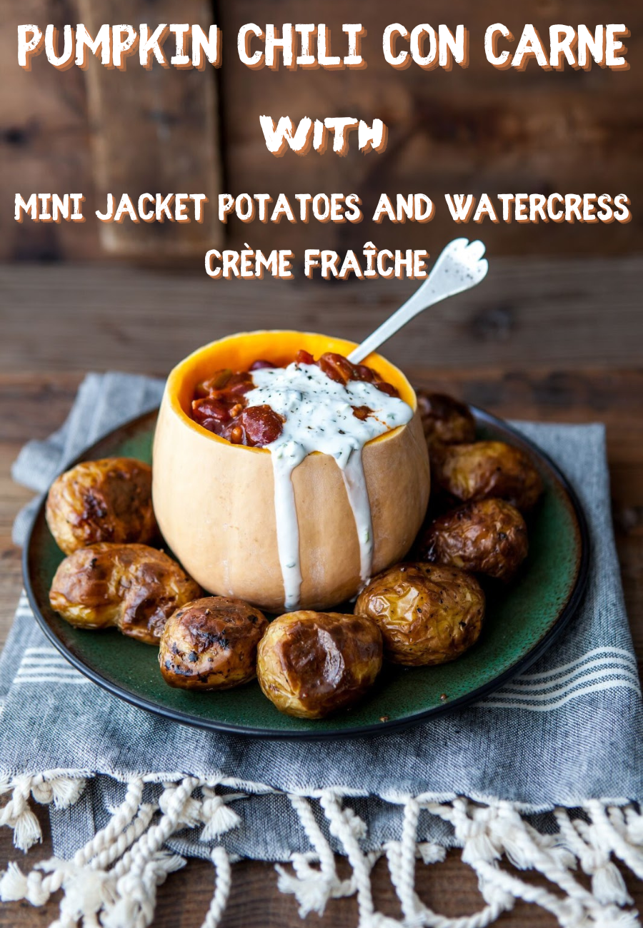 Pumpkin Chili Con Carne With Mini Jacket Potatoes And Watercress Crème Fraiche Pumpkin Chili Con Carne with Mini Jacket Potatoes