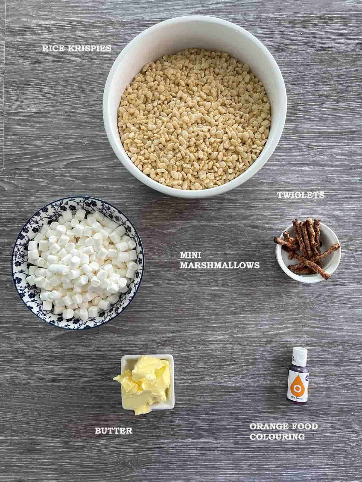 ingredients including rice krispies, marshmallows, butter and twiglets.