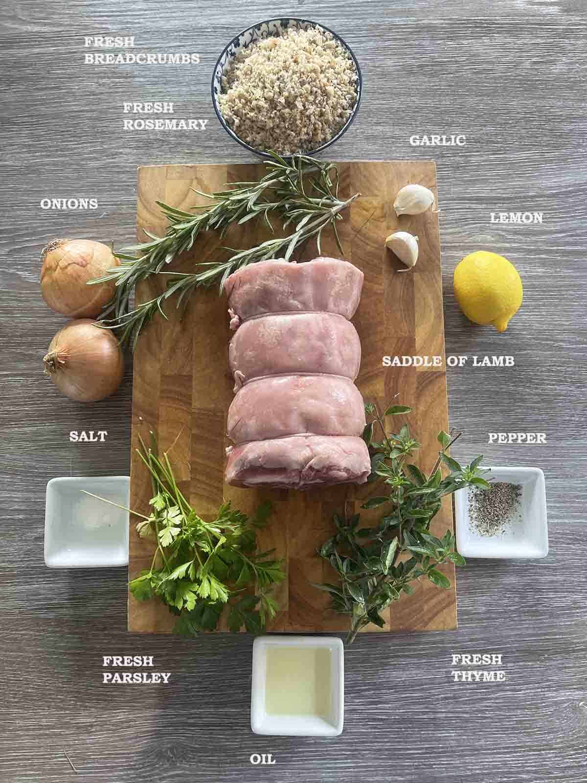 ingredeints including saddle of lamb, onions lemon, herbs and breadcrumbs.
