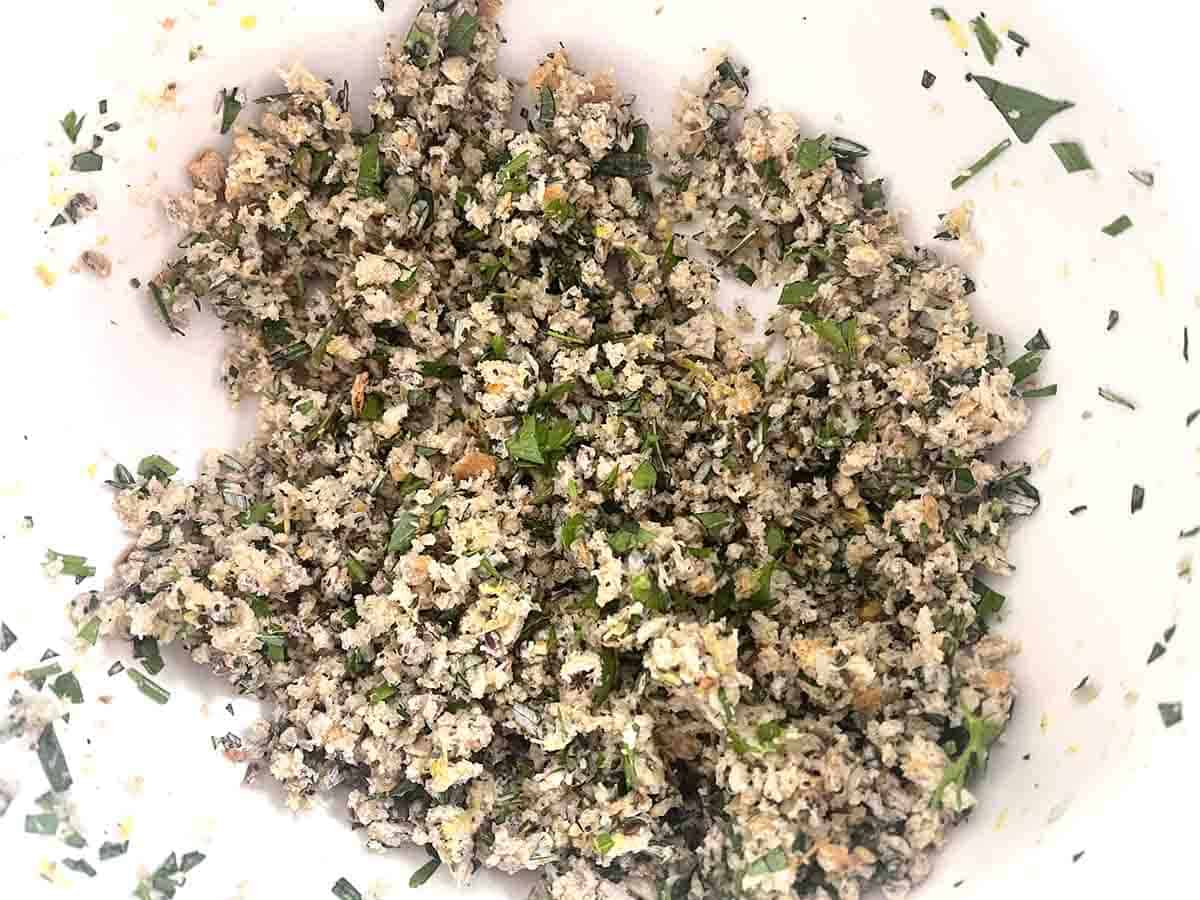 mixed stuffing in a bowl.