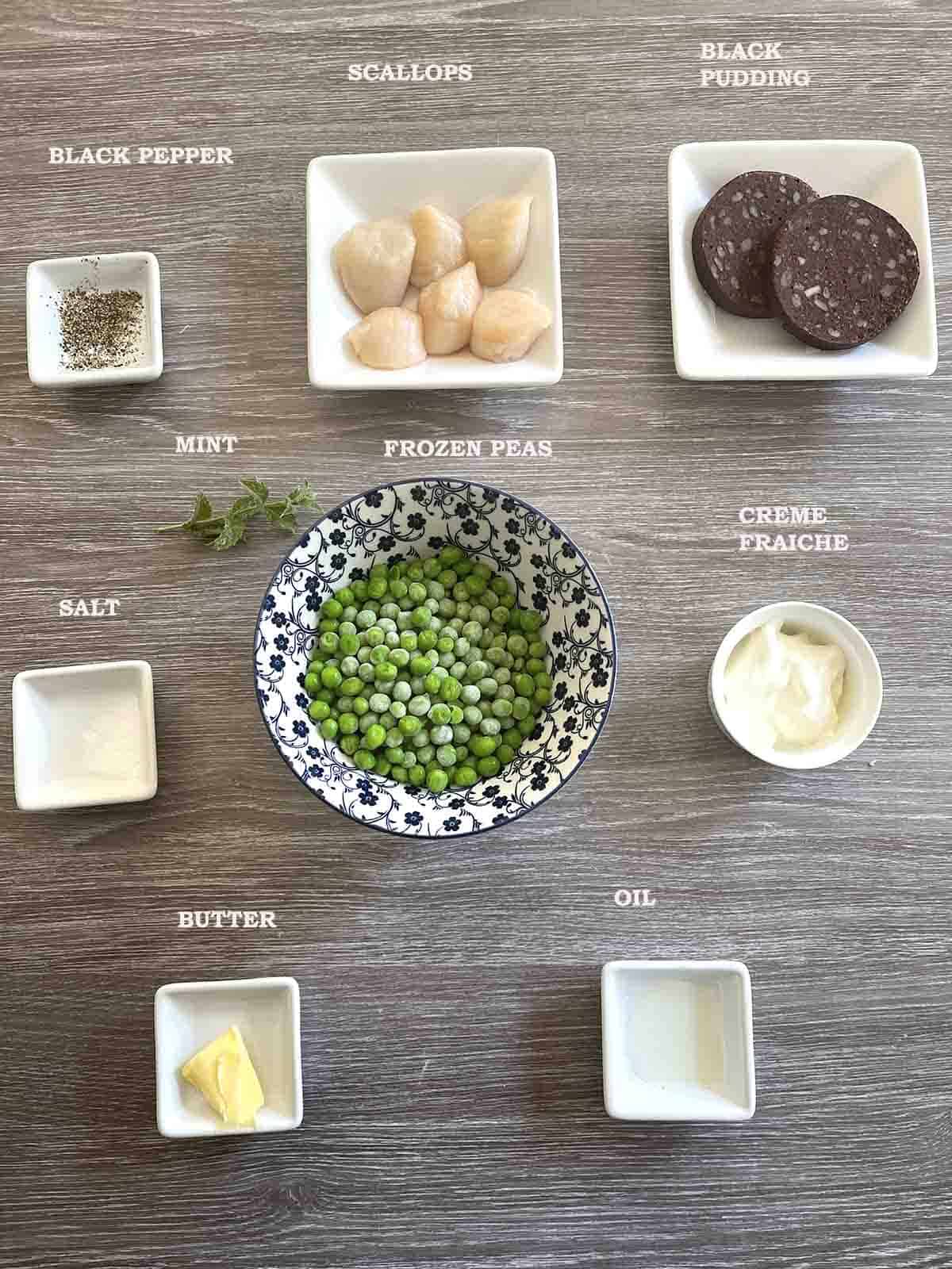 ingredients including peas, scallops.