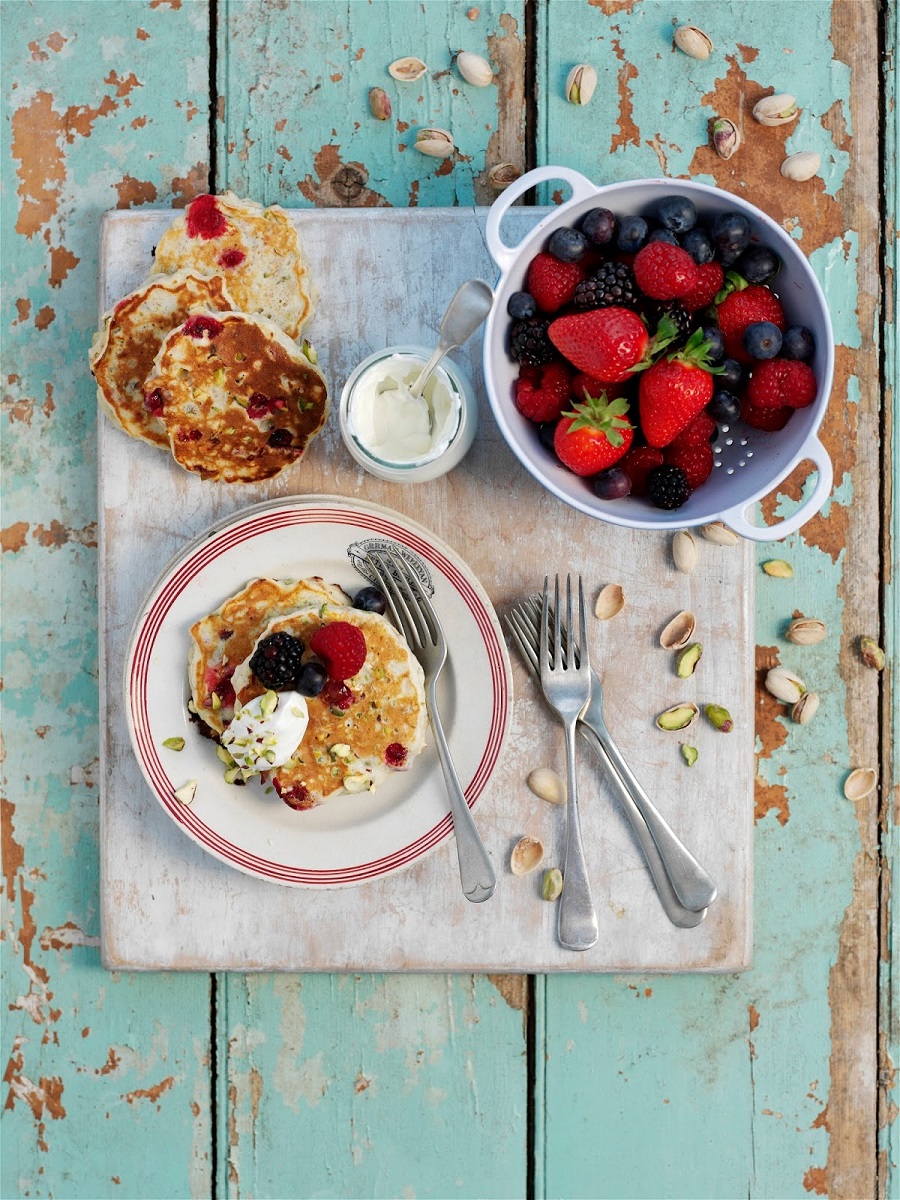 Pistachio, Oat, And Cranberry Breakfast Pancakes.