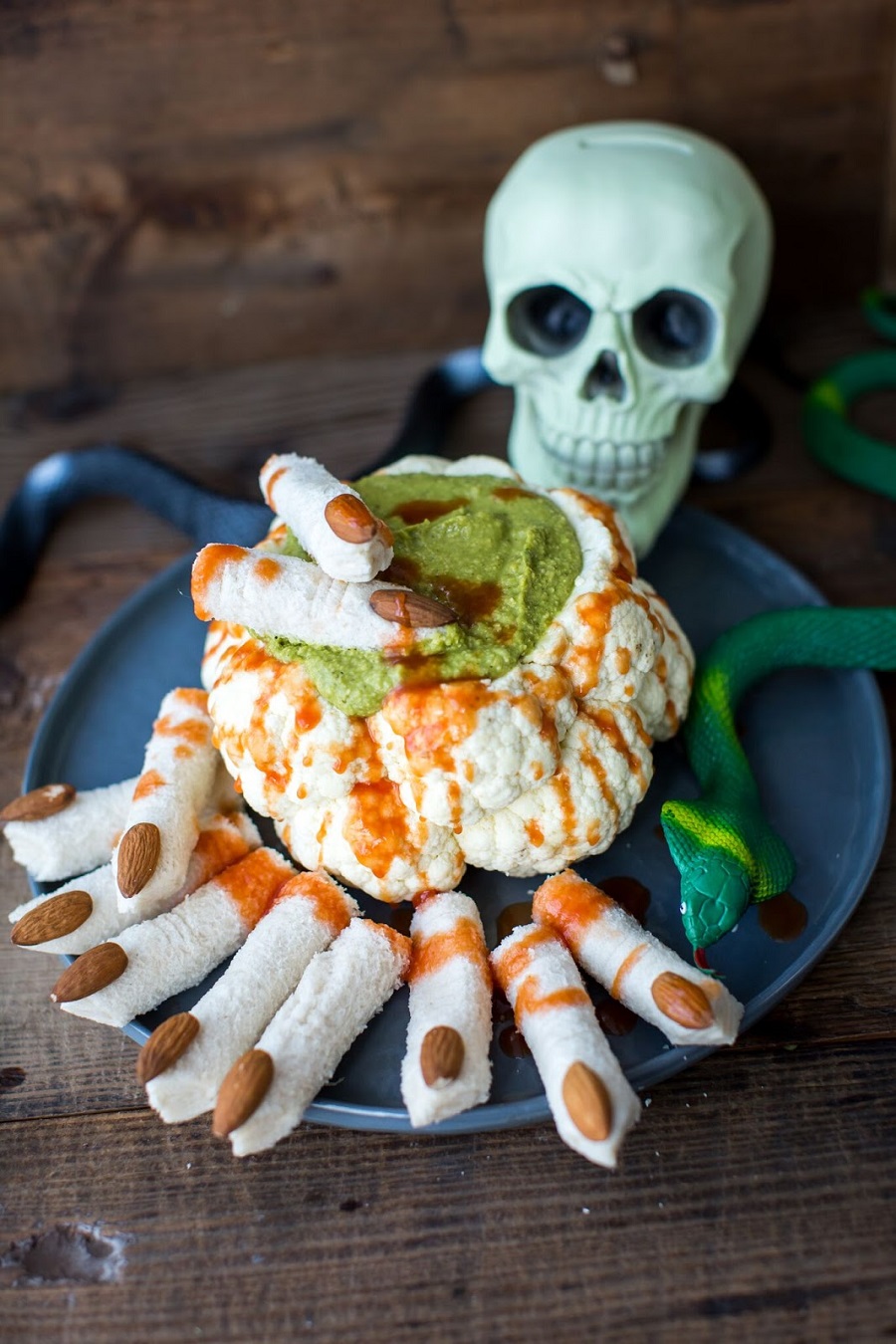 9 Creepy And Scary Halloween Themed-Recipes. Roasted Cauliflower Brain With Green Slime Hummus And Dead Man’s Finger Sandwiches