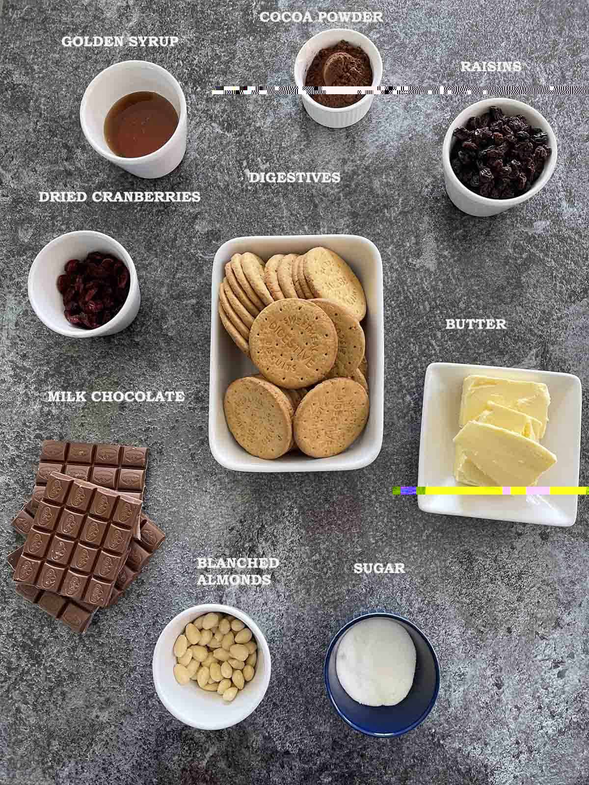 ingredients including biscuits, chocolate, raisins and nuts.