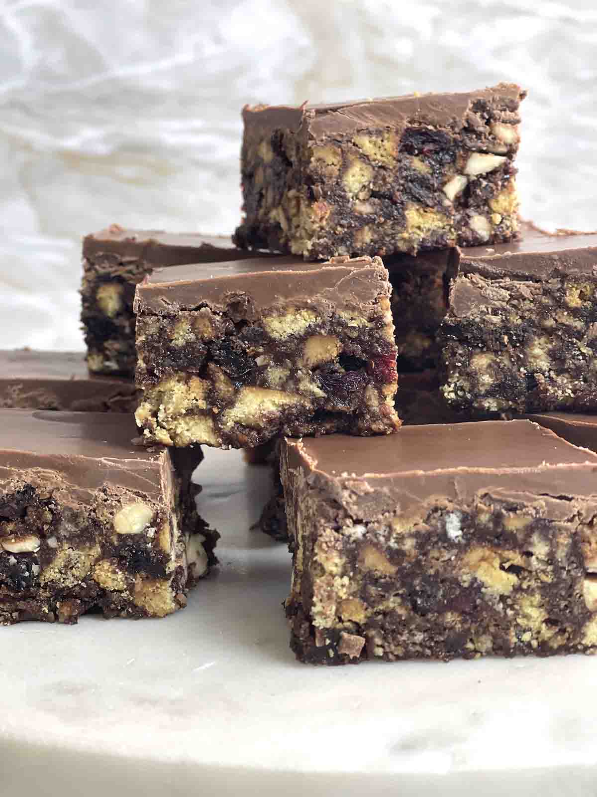 chocolate tiffin cake stacked.