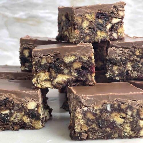 chocolate tiffin cake stacked.