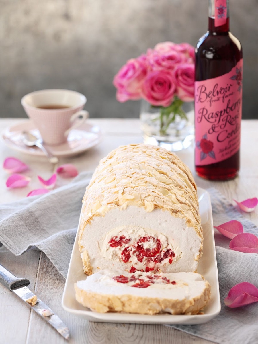 Raspberry And Rose Meringue Roulade. Raspberry And Rose Meringue Roulade.