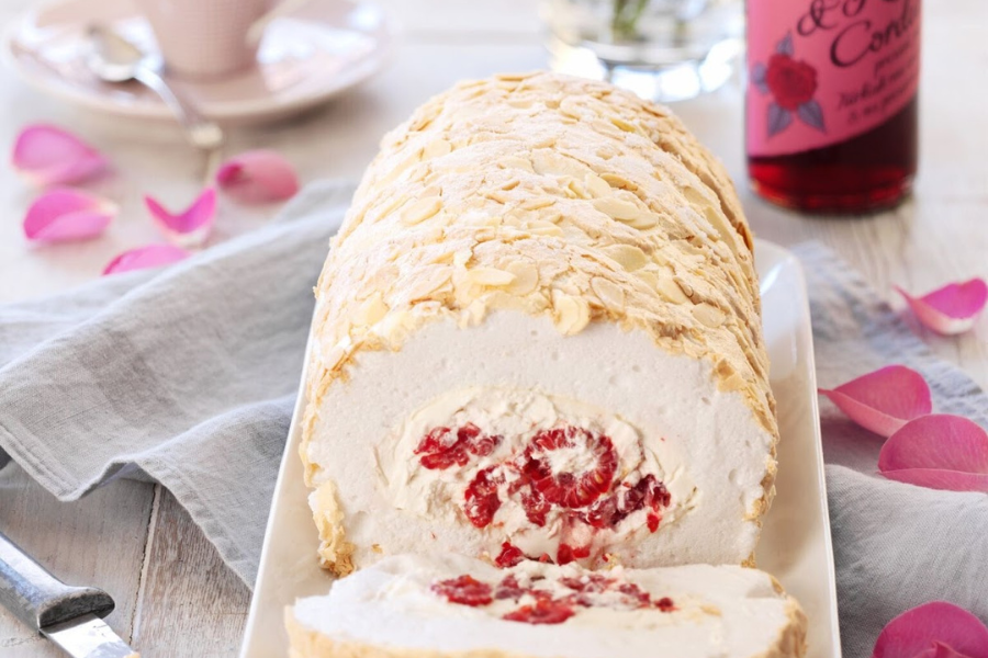 Raspberry And Rose Meringue Roulade. Raspberry And Rose Meringue Roulade.