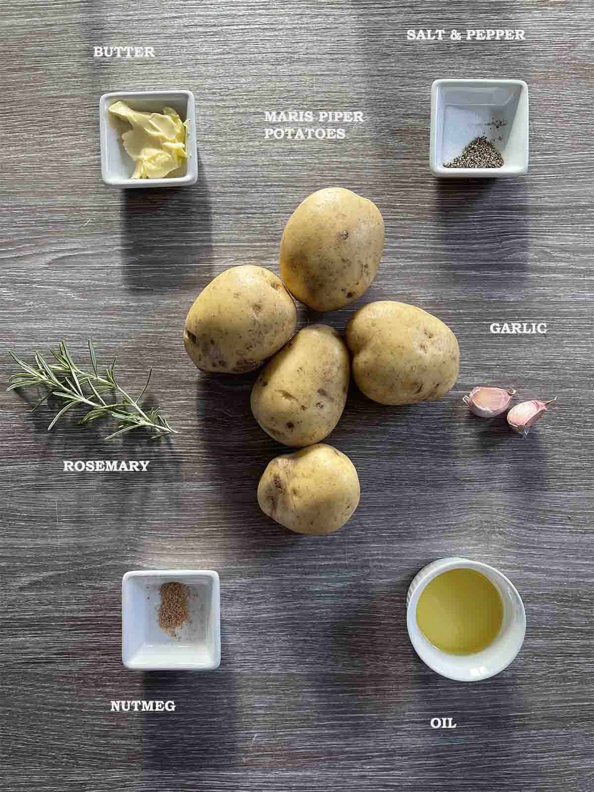 ingredients including garlic, potatoes, rosemary, oil and butter.