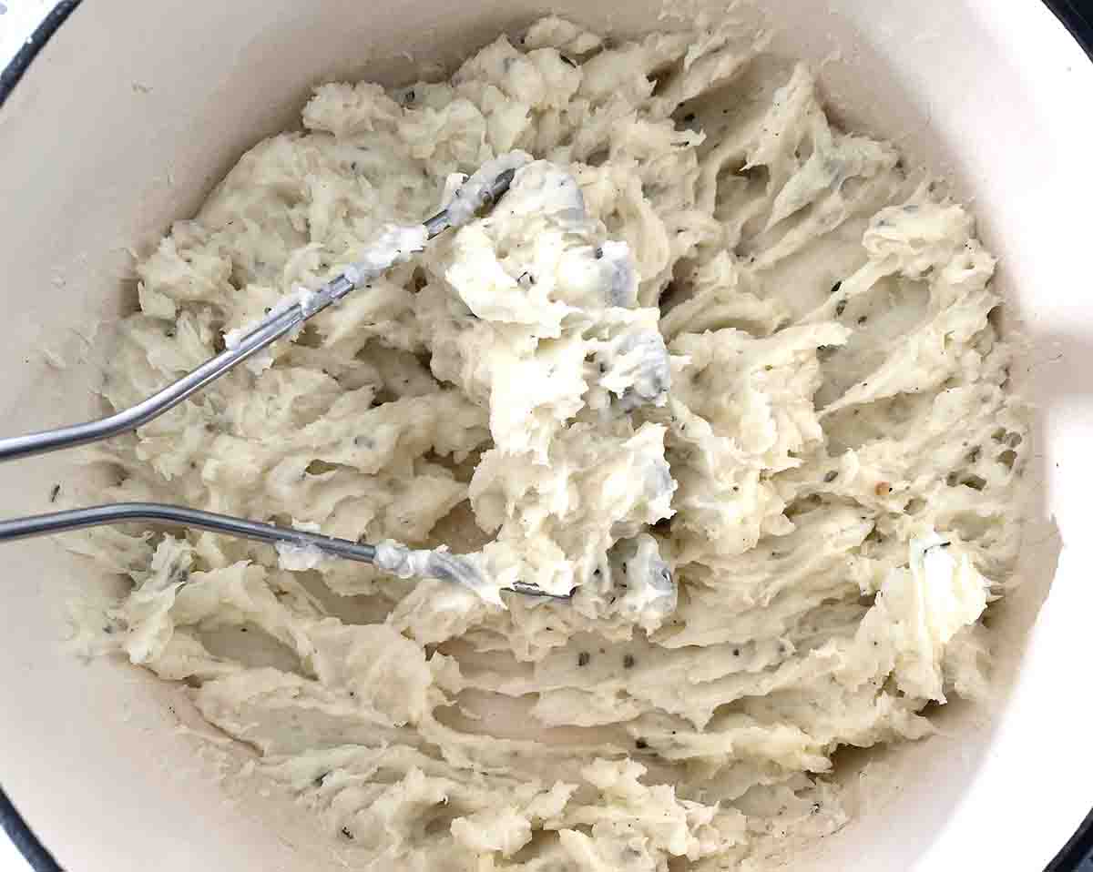 mashed potatoes in a pan.