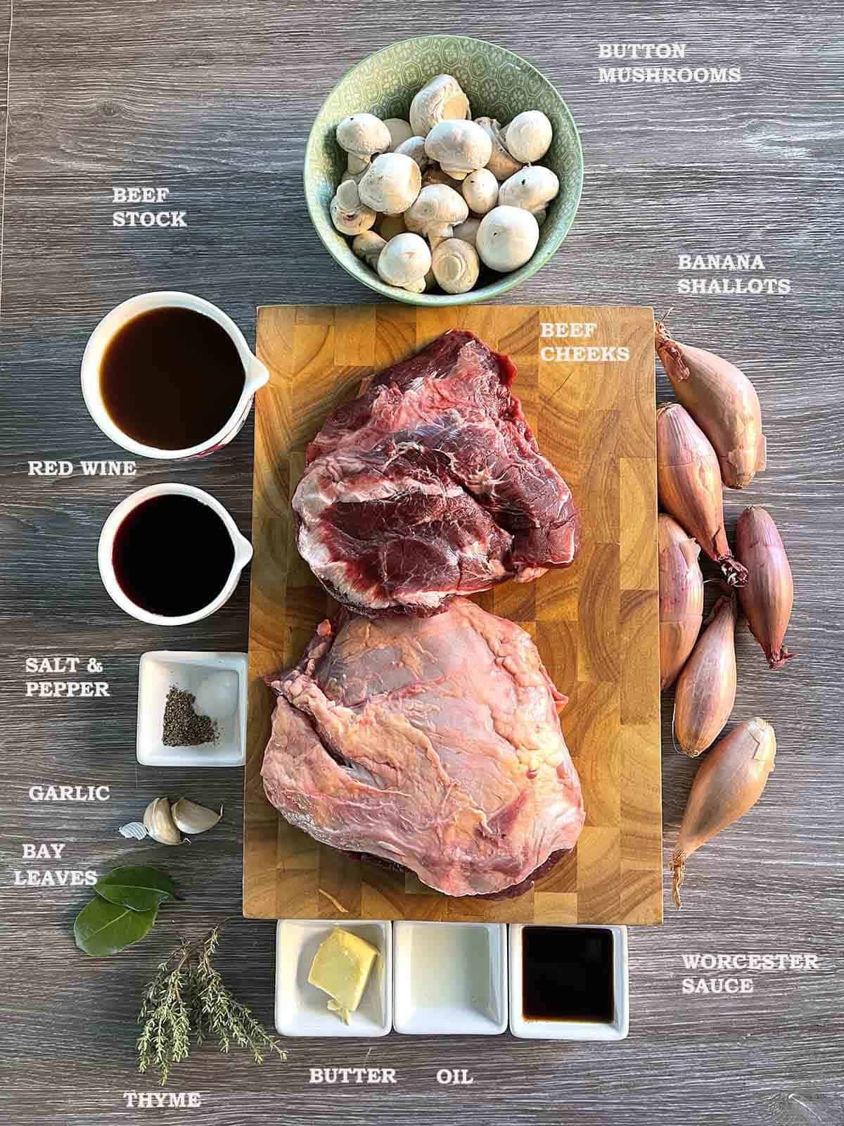 ingredients including beef cheeks, shallots, mushrooms, red wine, stock and seasonings.