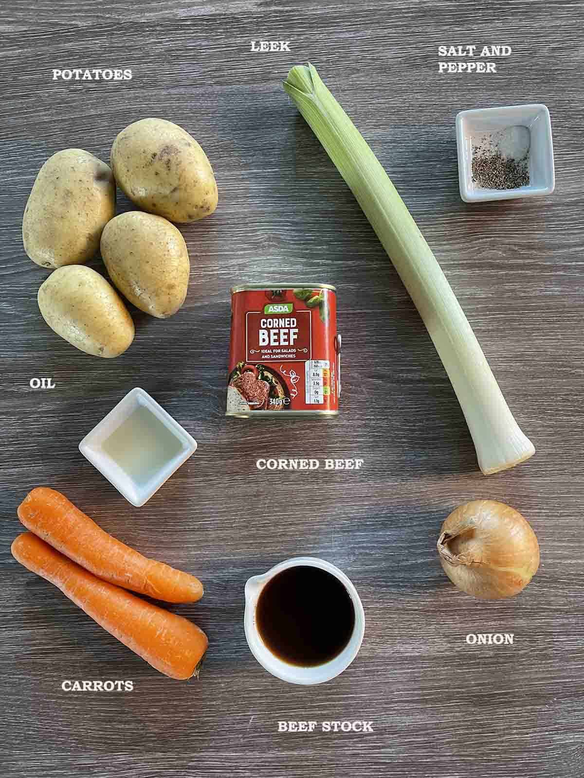 ingredients inclding beef, carrots and potatoes.