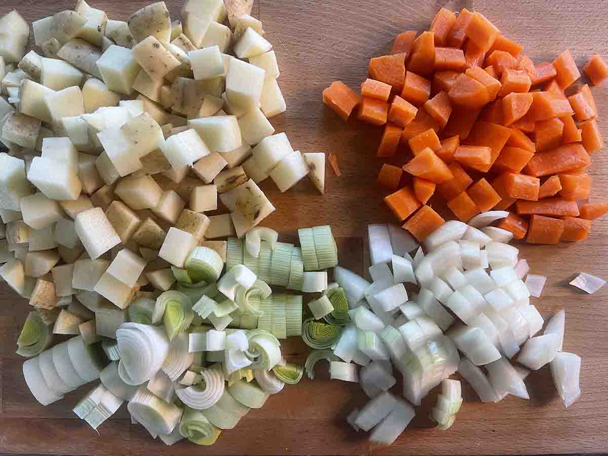 chopped vegetables on a board.
