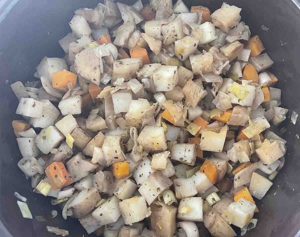cooked vegetables in slow cooker.