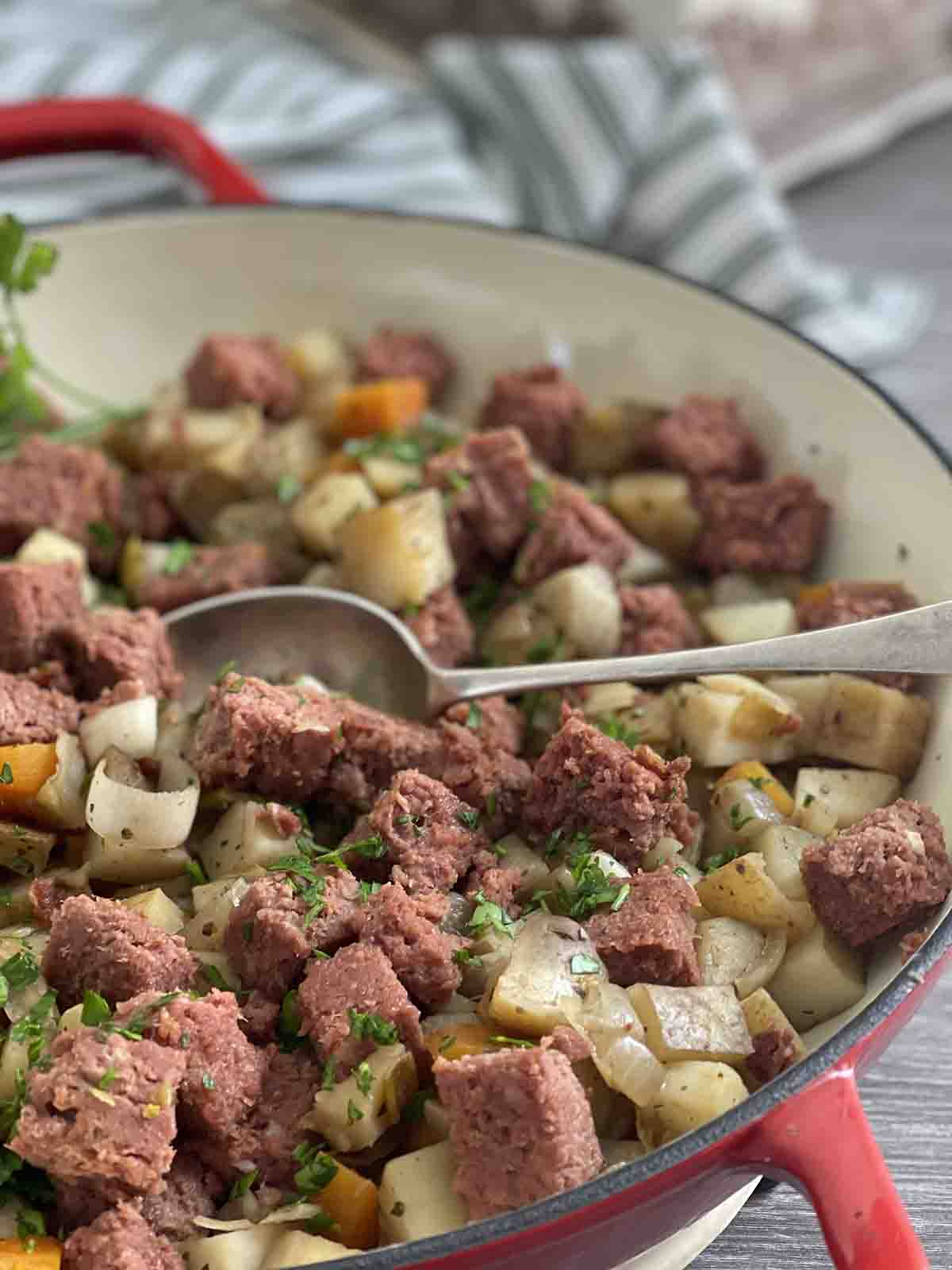 close up of beef hash.