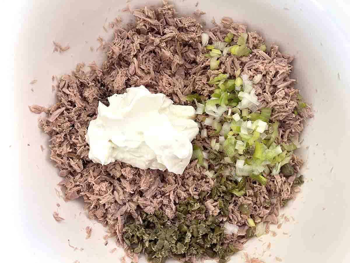 cream cheese and onions added to bowl.
