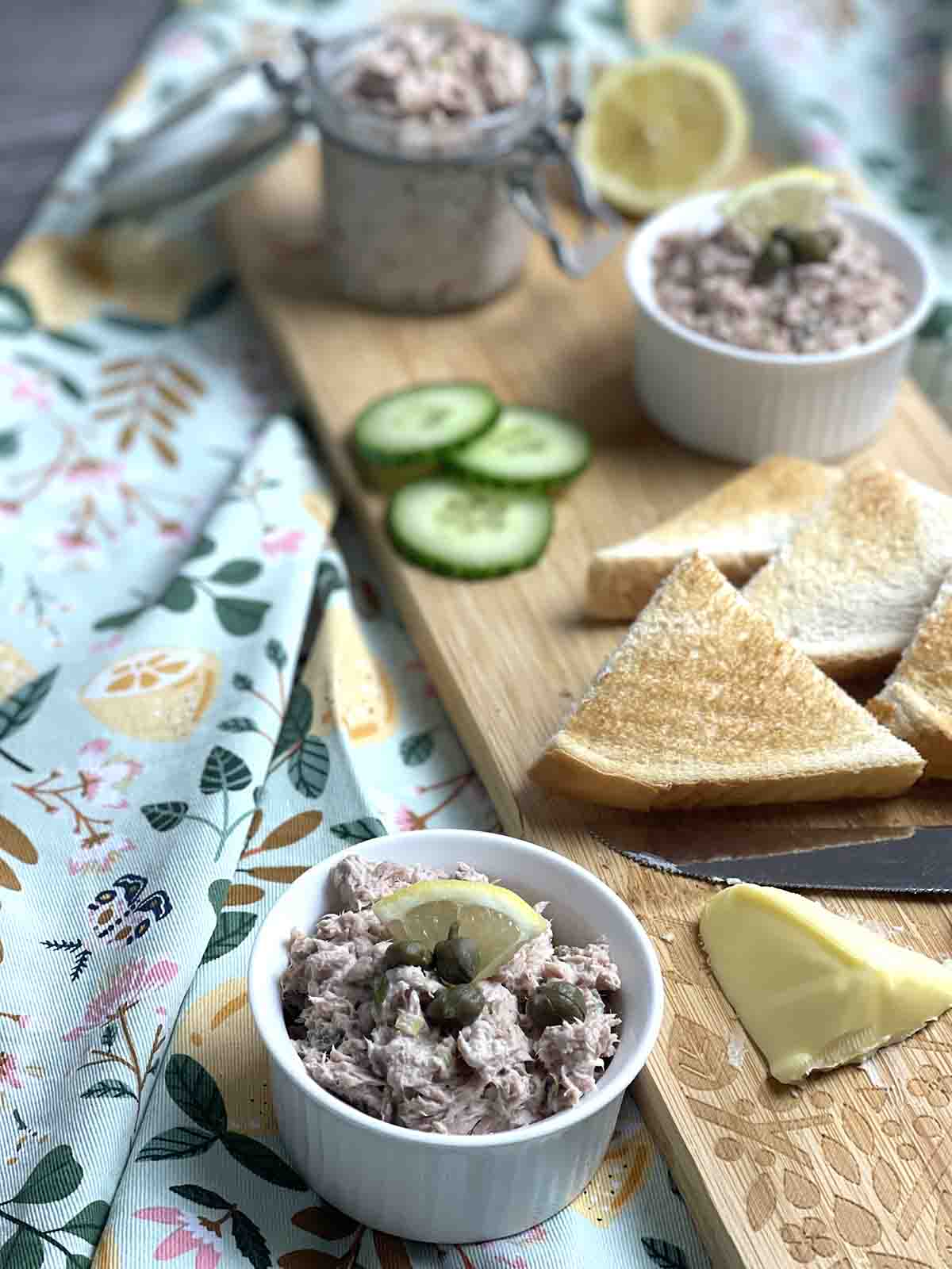 tuna spread on a board.
