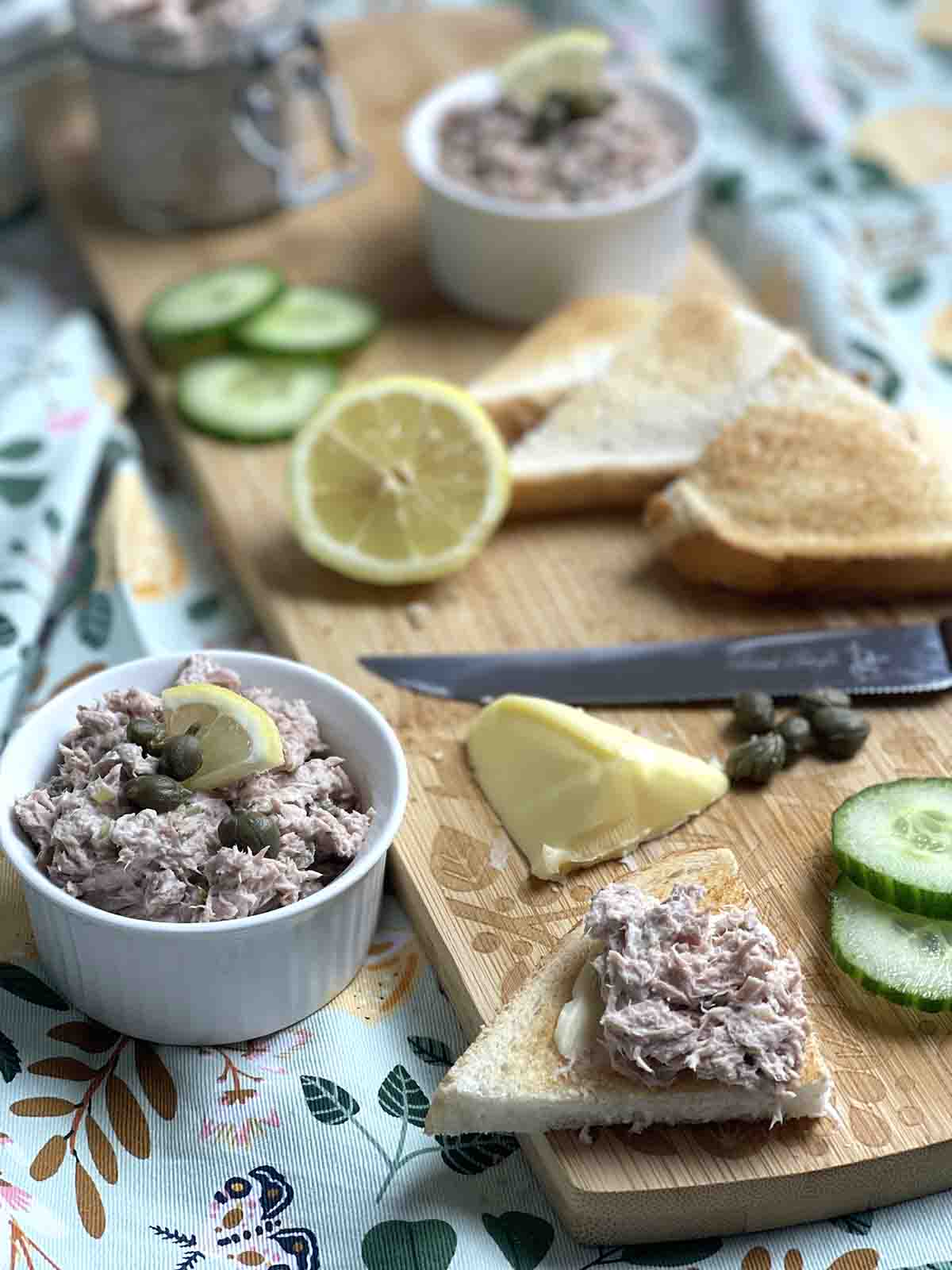 tuna spread on a board.