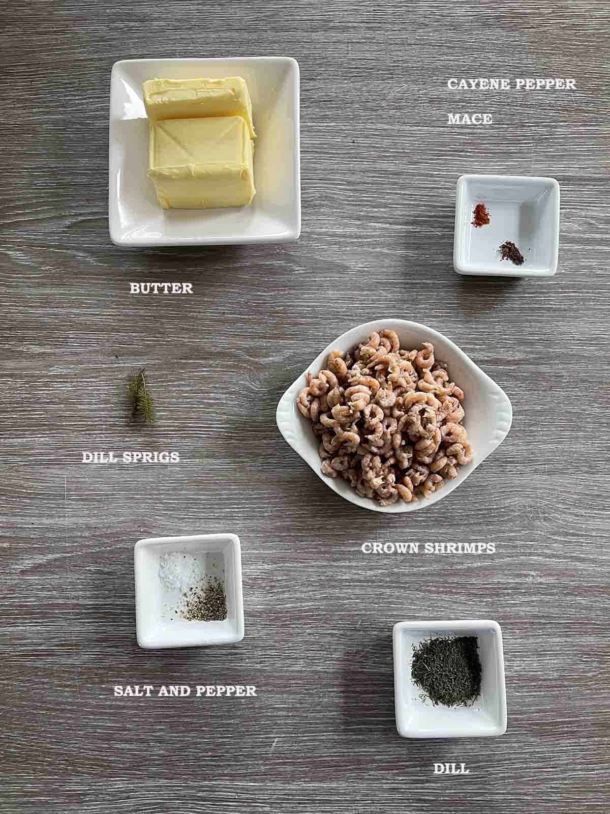 ingredeints including butter, seasoning and brown shrimp.