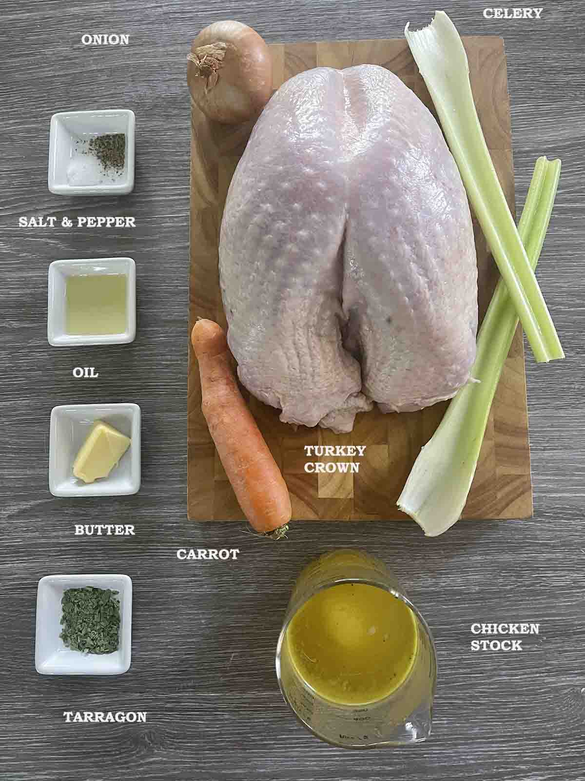 ingredients including turkey crown, celery, onion, carrots and stock.