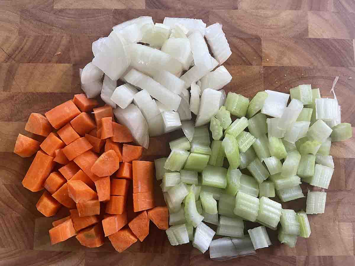 chopped vegetables on a board.