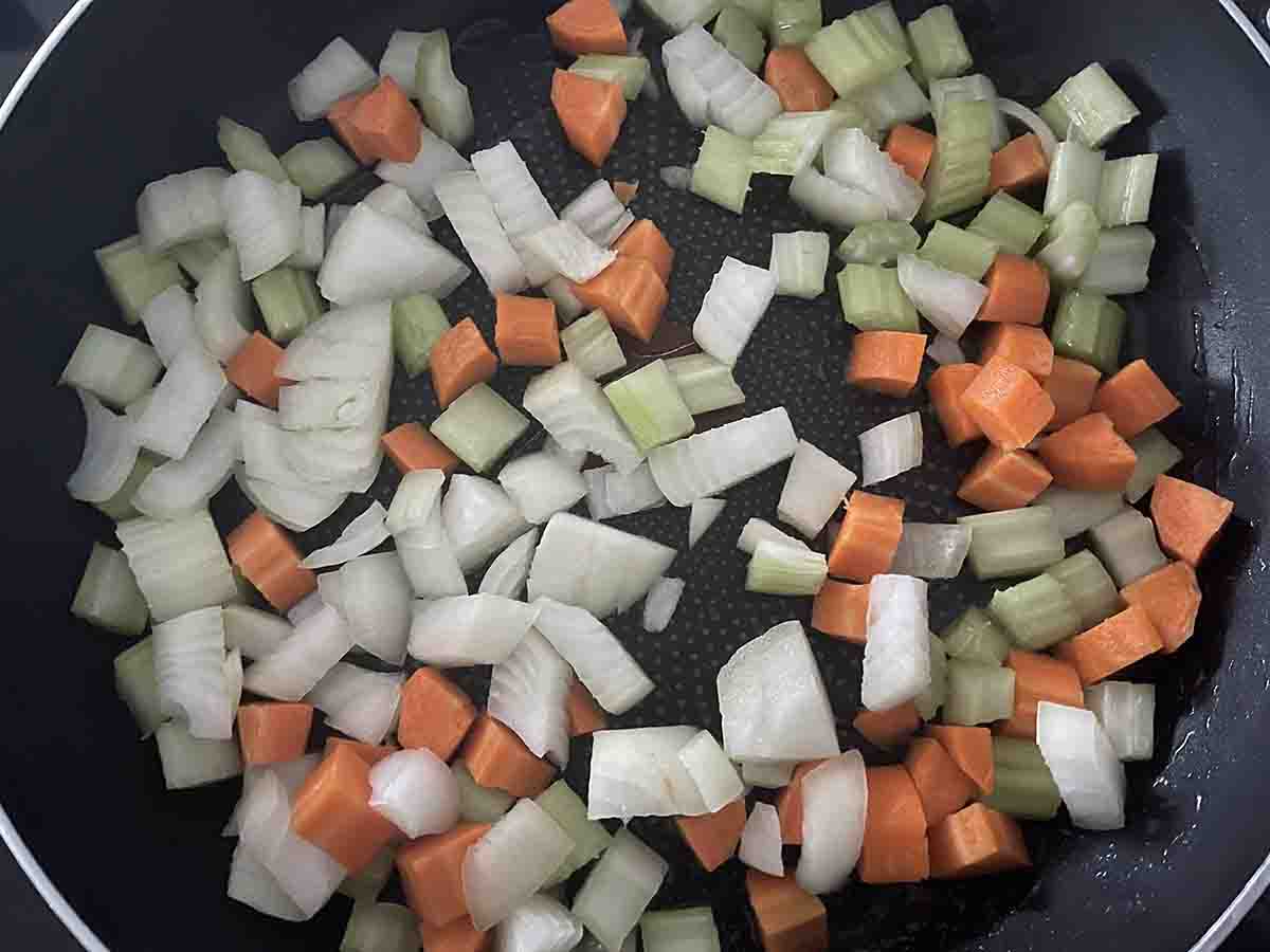 vegetables in a pan.