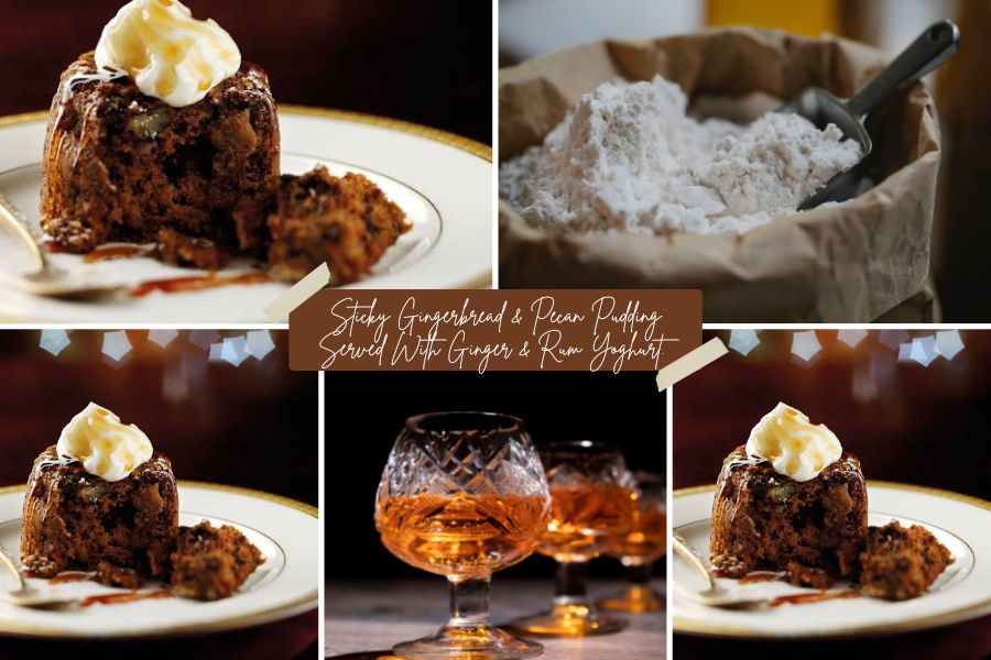 Sticky Gingerbread & Pecan Pudding Served With Ginger & Rum Yoghurt. 