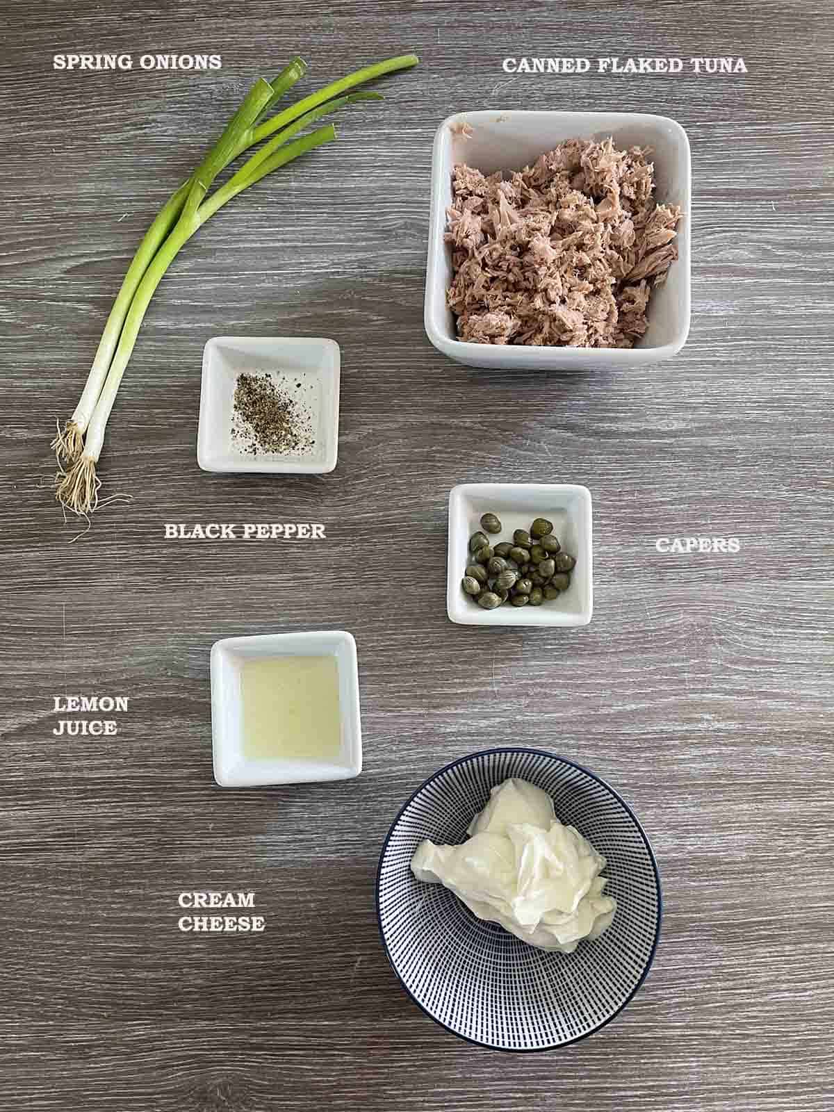 ingredients including tuna and cream cheese.
