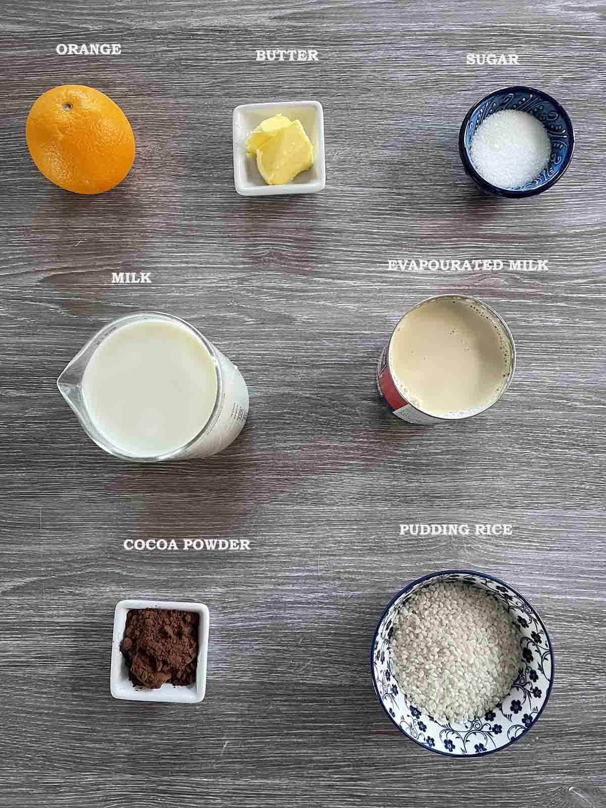 ingredients including pudding rice, cocoa, sugar, milk and orange.