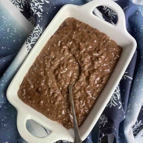 chocolate rice pudding in a dish.