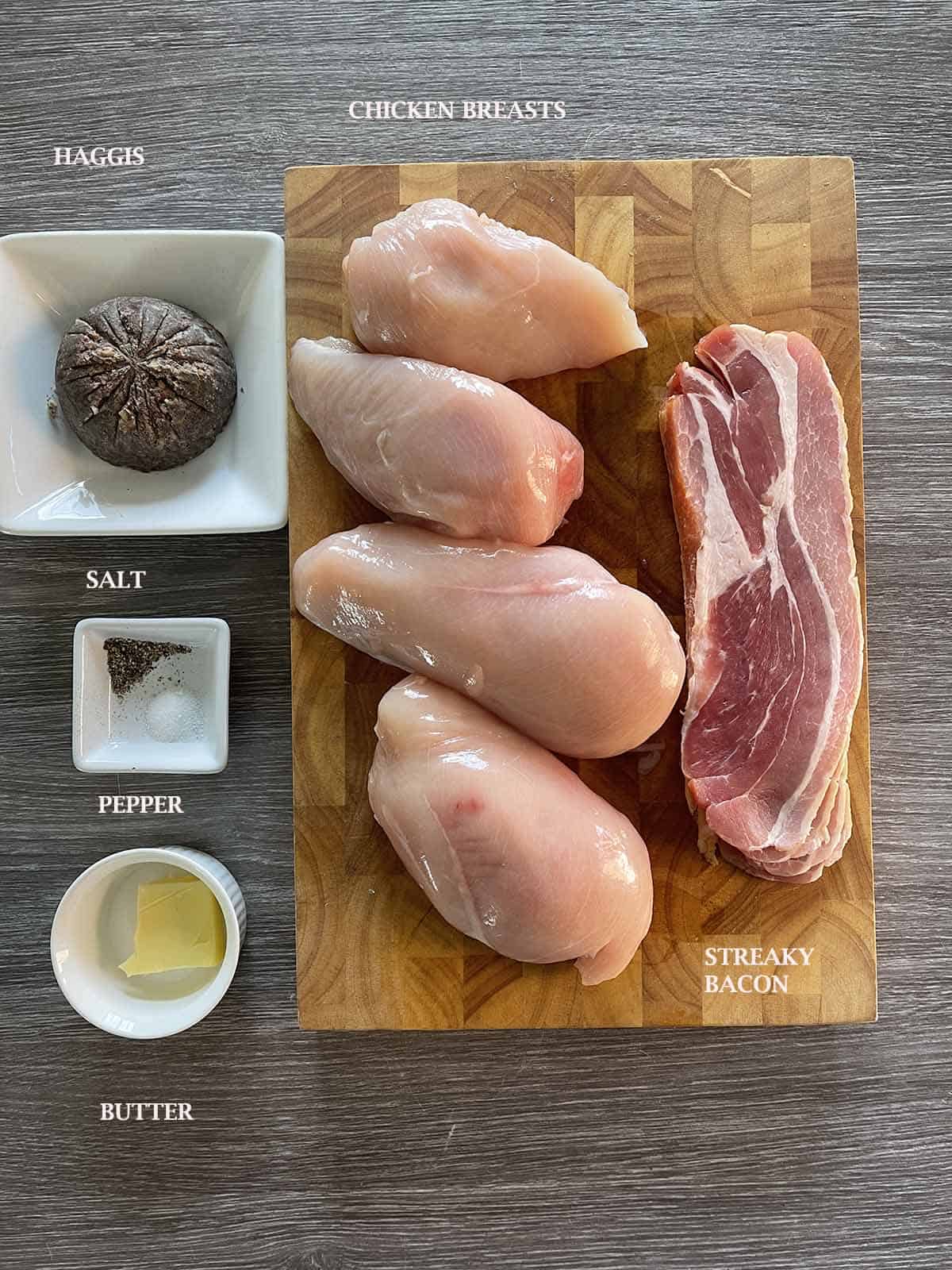 ingredients including chicken, bacon and haggis.