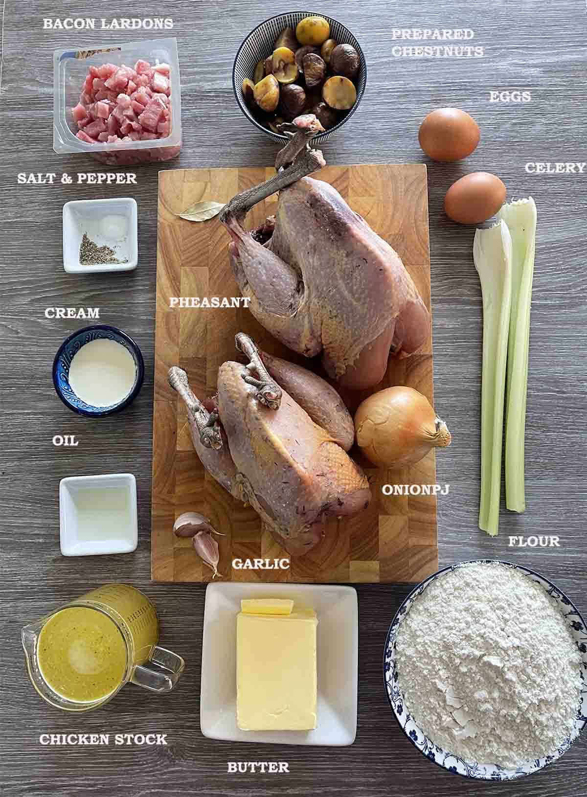 ingredeints including pheasant, celery, flour and butter.