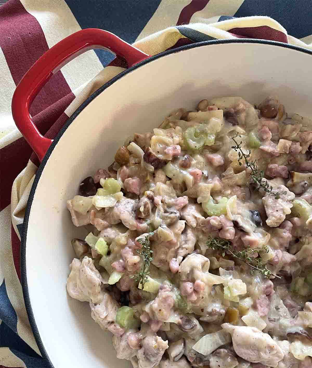 filling in pie dish.