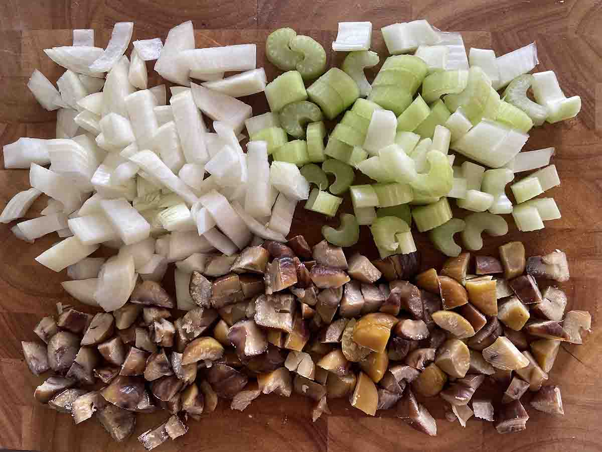 chopped vegetables on a board.