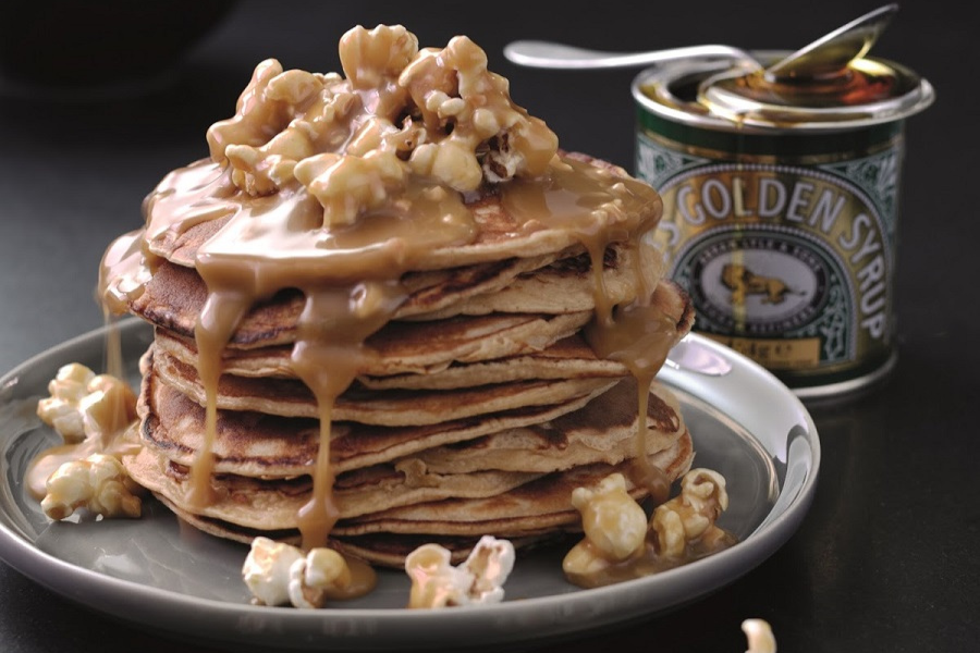 Peanut Butter Pancakes With Salted Caramel Popcorn Sauce