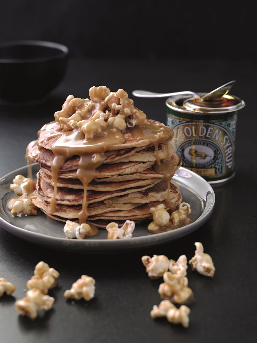 Peanut Butter Pancakes With Salted Caramel Popcorn Sauce