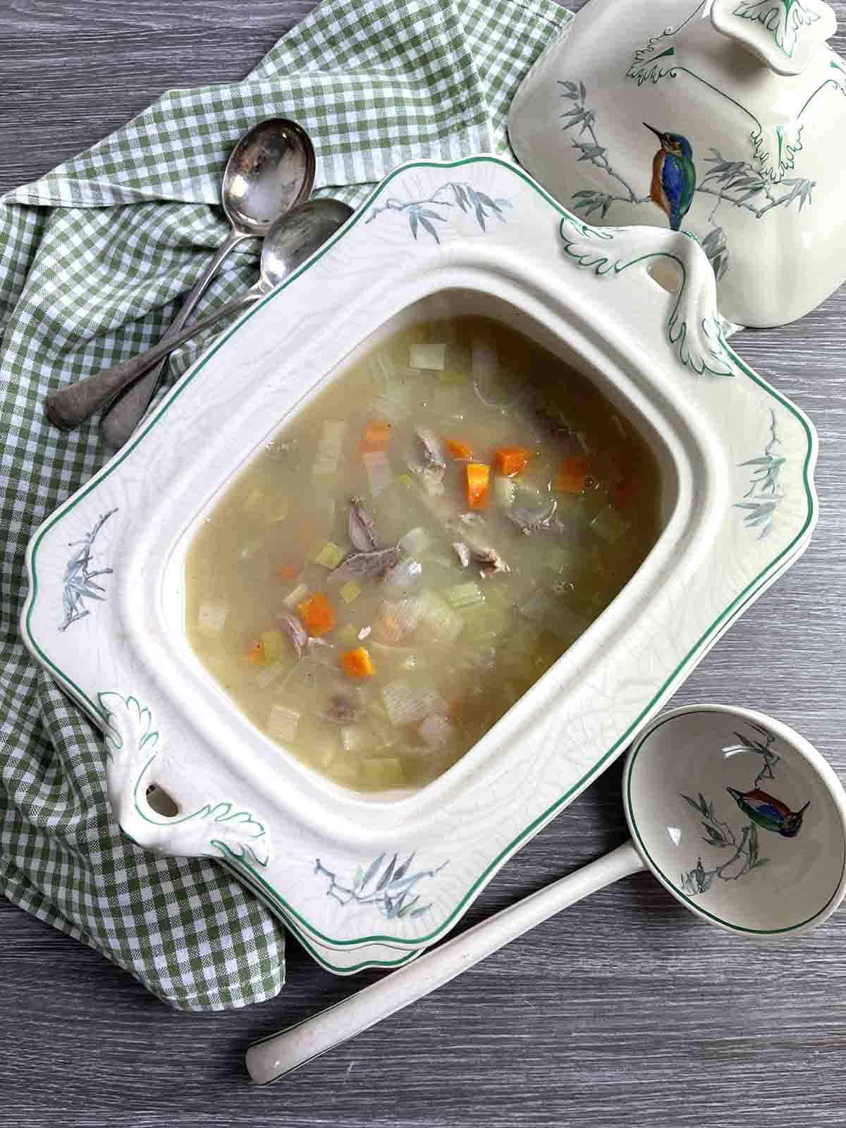 pheasant soup in a terrine.