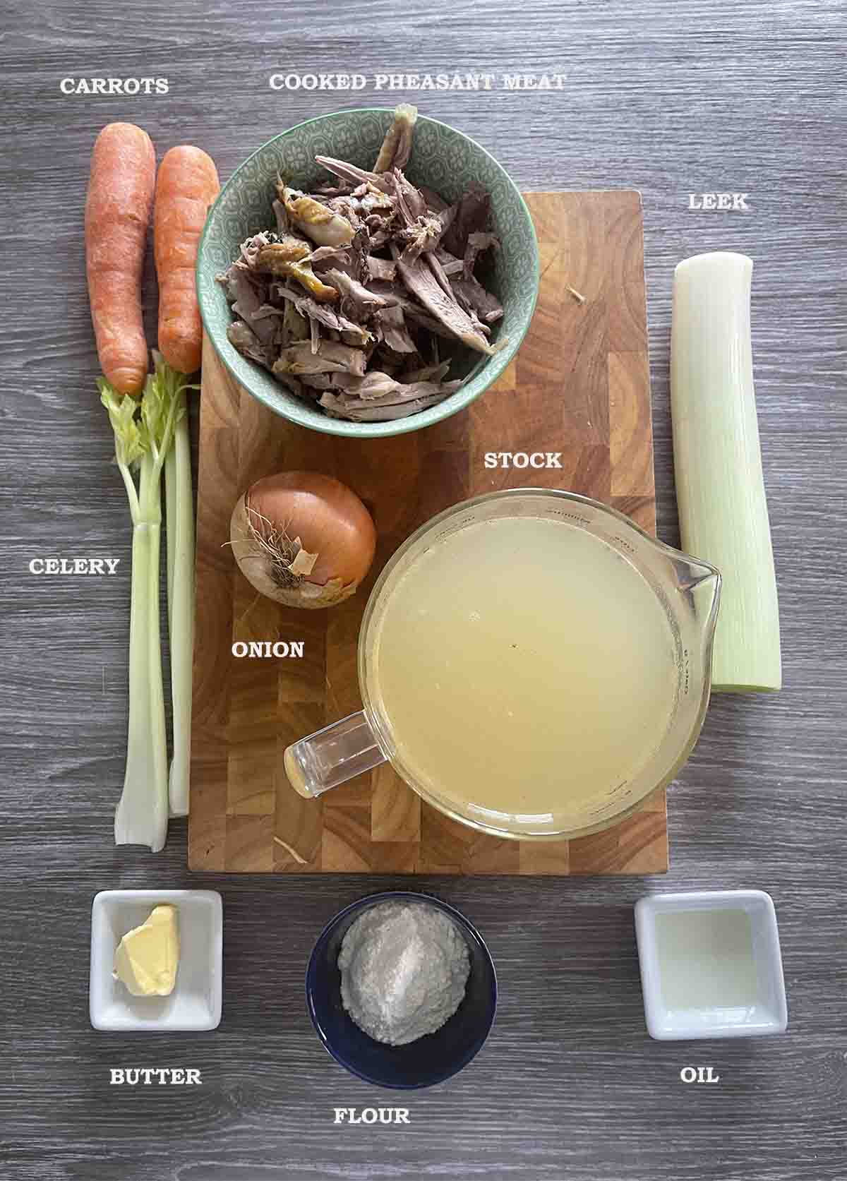 soup ingredients including stock and pheasant meat.