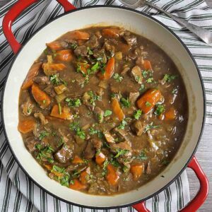 slow cooker beef and ale stew in a dish.