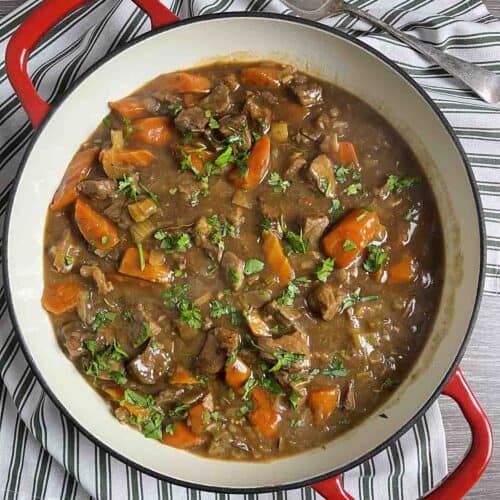 slow cooker beef and ale stew in a dish.