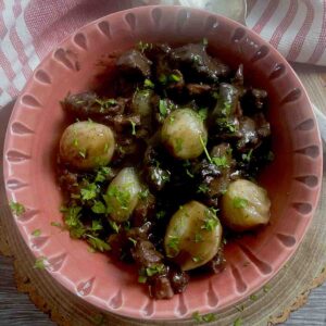 slow cooker venison stew in a bowl.