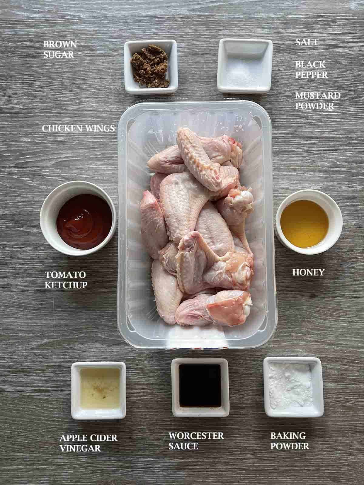 ingredients including wings, honey and ketchup.