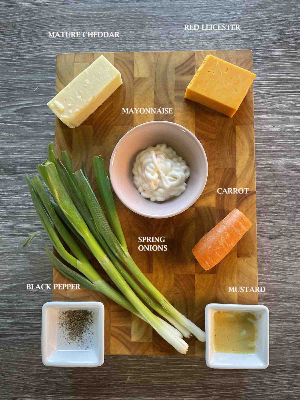 ingredients including cheese, carrot, and mayonnaise.