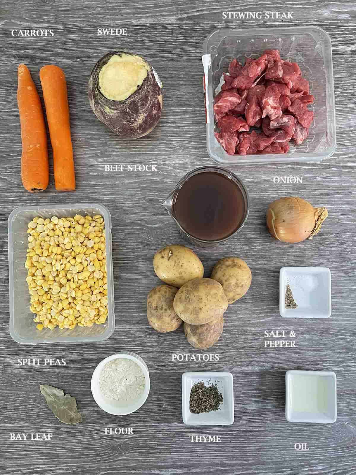 ingredients including beef, swede, carrots, potatoes and split peas.